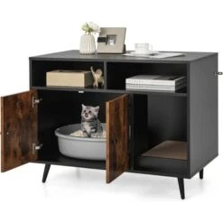 COSTWAY Mobile Per Lettiera Gatti Con Tira Graffi, Gambe Inclinate In Metallo E 2 Ripiani Per Riporre Gli Oggetti, Casetta In Legno Da Interno Per Gattini E Gatti Grandi, 90 X 50 X 70 Cm