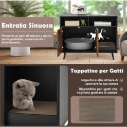 COSTWAY Mobile Per Lettiera Gatti Con Tira Graffi, Gambe Inclinate In Metallo E 2 Ripiani Per Riporre Gli Oggetti, Casetta In Legno Da Interno Per Gattini E Gatti Grandi, 90 X 50 X 70 Cm -Cibi per gatti Italia 94791797 3