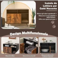 COSTWAY Mobile Per Lettiera Gatti Con Tira Graffi, Gambe Inclinate In Metallo E 2 Ripiani Per Riporre Gli Oggetti, Casetta In Legno Da Interno Per Gattini E Gatti Grandi, 90 X 50 X 70 Cm -Cibi per gatti Italia 94791797 4