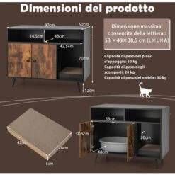 COSTWAY Mobile Per Lettiera Gatti Con Tira Graffi, Gambe Inclinate In Metallo E 2 Ripiani Per Riporre Gli Oggetti, Casetta In Legno Da Interno Per Gattini E Gatti Grandi, 90 X 50 X 70 Cm -Cibi per gatti Italia 94791797 5