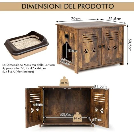 COSTWAY Mobile Per Lettiera Gatti, Con Doppie Porte A Feritoia, Ingresso Laterale, Cuccia E Toilette, Mobiletto Multiuso Per Ingresso E Soggiorno, Portata 50 Kg, 70 X 52 X 51 Cm 7 COSTWAY Mobile Per Lettiera Gatti, Con Doppie Porte A Feritoia, Ingresso Laterale, Cuccia E Toilette, Mobiletto Multiuso Per Ingresso E Soggiorno, Portata 50 Kg, 70 X 52 X 51 Cm - immagine 5