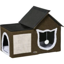 PawHut Casetta Per Gatti Con 2 Porte, Pallina Da Gioco, Cuscino E Tappetino Tiragraffi, 65x41x45.5 Cm