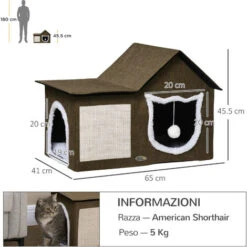 PawHut Casetta Per Gatti Con 2 Porte, Pallina Da Gioco, Cuscino E Tappetino Tiragraffi, 65x41x45.5 Cm -Cibi per gatti Italia 96085000 3