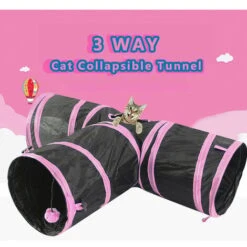 Tunnel Per Gatti, Tre Uscite, Diametro 24 Cm, Nero E Rosa